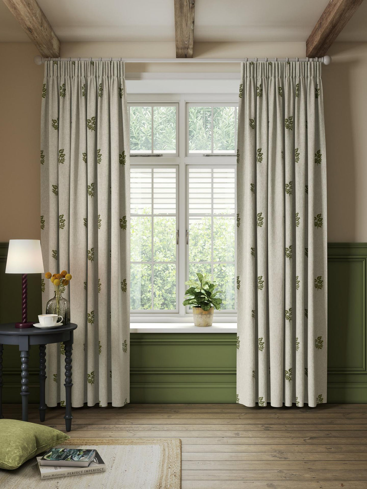 John Lewis Ariana Embroidered Pair Lined PP Curtains Dark Olive W228 x 274cm