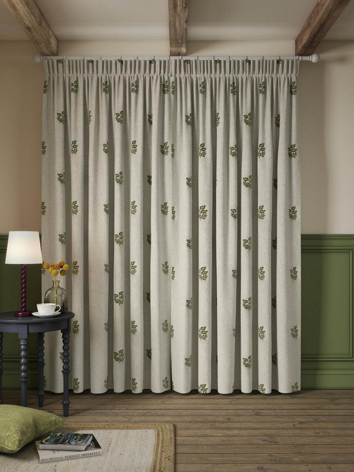 John Lewis Ariana Embroidered Pair Lined PP Curtains Dark Olive W228 x 274cm