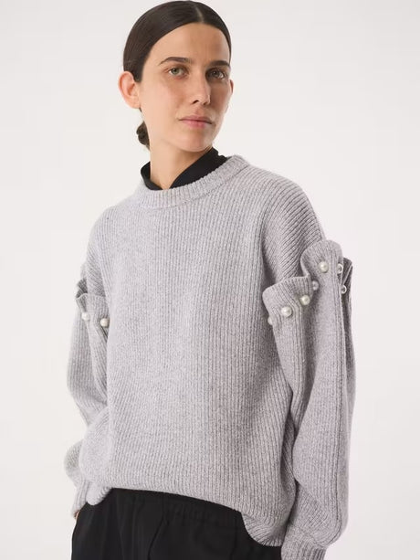 AKYN Yuki Women's Faux Pearl Trim Wool Rich Jumper - Grey Marl - Medium