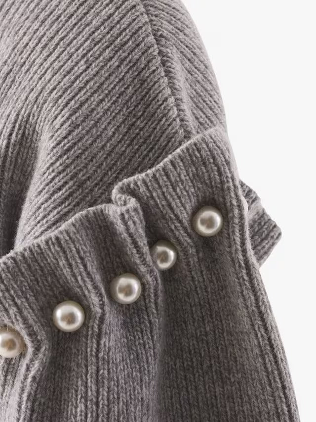AKYN Yuki Women's Faux Pearl Trim Wool Rich Jumper - Grey Marl - Medium