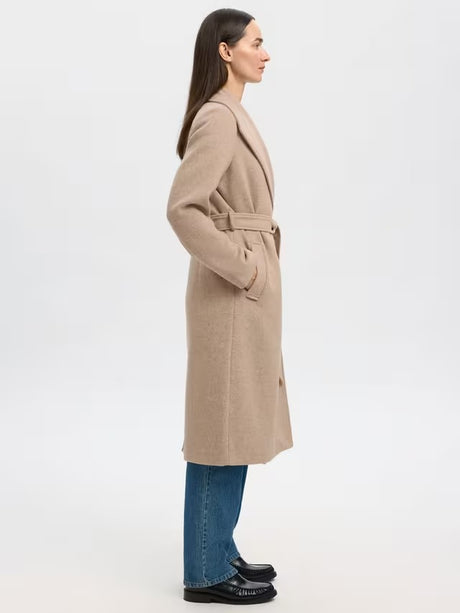 Selected Women's Rosa Wool Blend Long Sleeve Tie Overcoat - Sand - Size 42