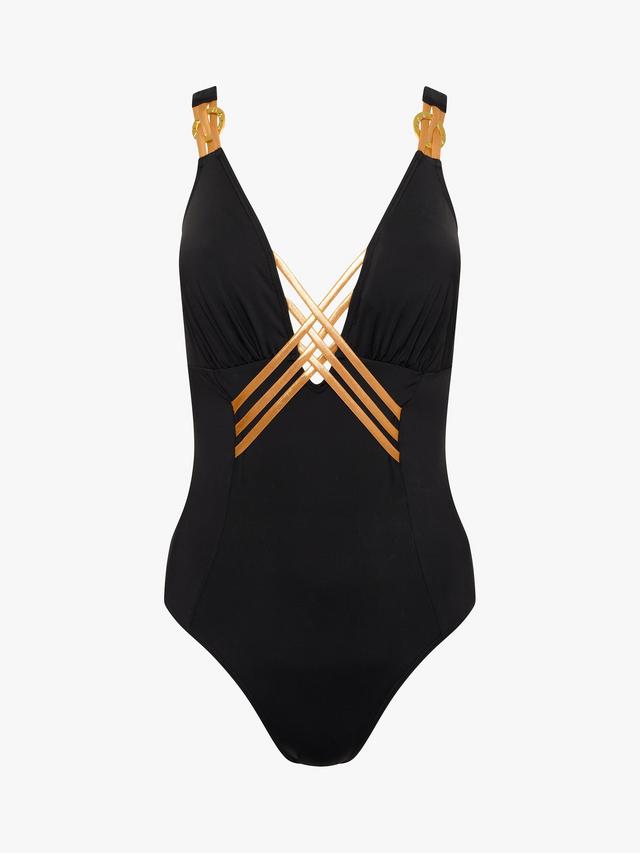 NAIA Beach Raquel Plunge Neck Interlaced Front Swimsuit - Black - Size 14