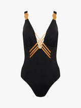 NAIA Beach Raquel Plunge Neck Interlaced Front Swimsuit - Black - Size 14