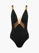 NAIA Beach Raquel Plunge Neck Interlaced Front Swimsuit - Black - Size 14