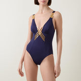 NAIA Beach Raquel Interlaced Front One Piece Swimsuit - Size 10 - Navy/Gold