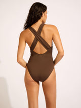 Seafolly Collective Cross Back V-Neck 1Piece Swimsuit UK12 - Dark Chocolate