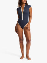 Seafolly Beach Bound Women's Zip Front Cap Sleeve Swimsuit - Navy UK Size 16