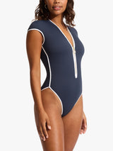 Seafolly Beach Bound Women's Zip Front Cap Sleeve Swimsuit - Navy UK Size 16