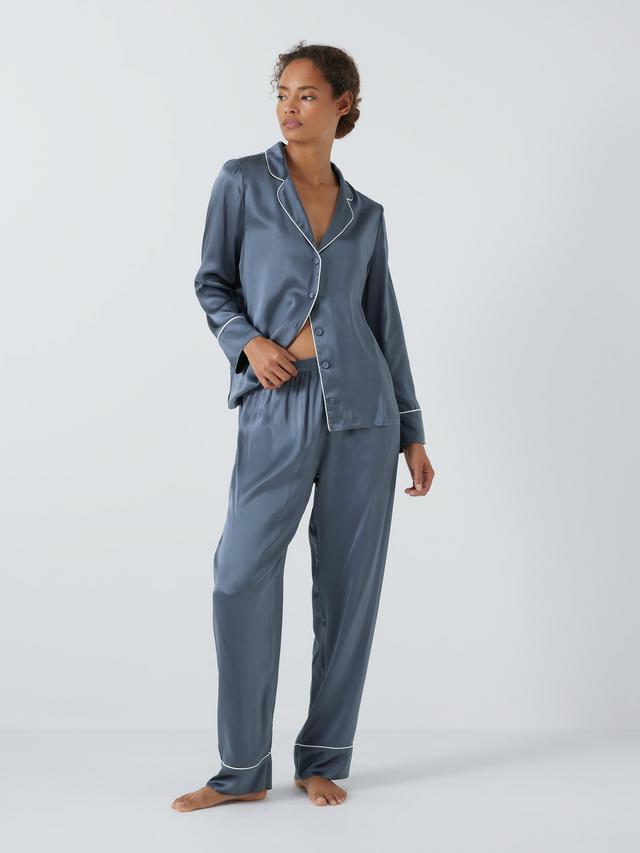 John Lewis Piped Silk Regular Plain Long Sleeved Pyjama Set - Grisaille - L