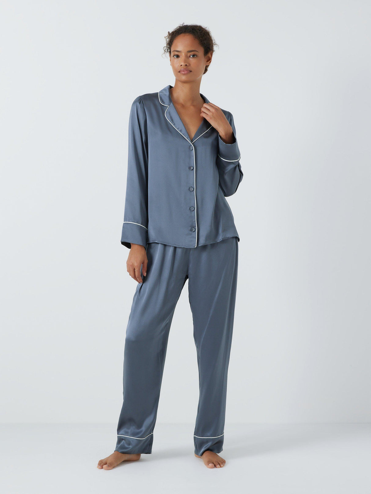 John Lewis Piped Silk Regular Plain Long Sleeved Pyjama Set - Grisaille - L