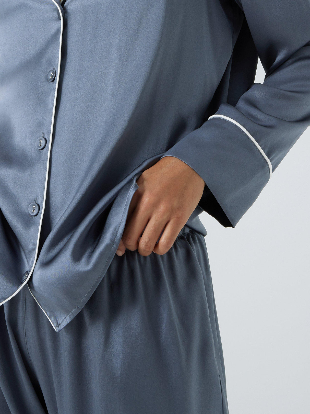 John Lewis Piped Silk Regular Plain Long Sleeved Pyjama Set - Grisaille - L