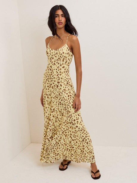 Nobody's Child Petite Kiki Leopard Print Midi Dress - Yellow/Brown - Size 10