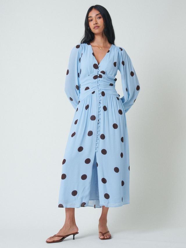 Nobody's Child Luna Polka Dot Midi Dress V-Neck Viscose Size 14 - Blue
