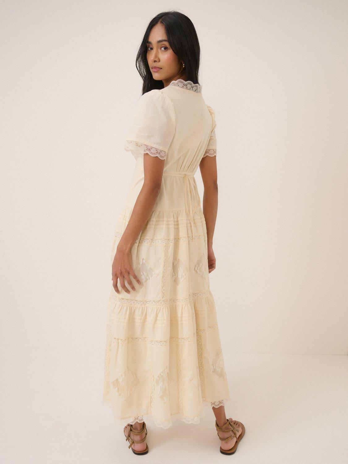 Nobody's Child Jasmine Drop Waist Midi Petite Plain A-Line Dress -Cream UK12
