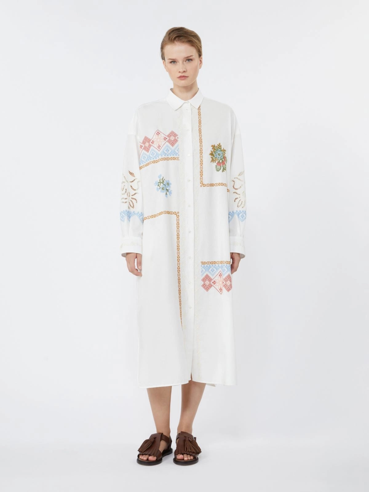 NEW Weekend MaxMara Gru Floral Short Sleeved Shirt Dress - White/Multi UK 16
