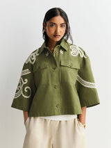 Weekend MaxMara Como Women's Relaxed Embroidered Shacket Khaki/Cream Size 8