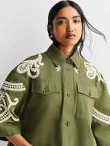 Weekend MaxMara Como Women's Relaxed Embroidered Shacket Khaki/Cream Size 8
