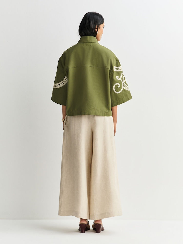 Weekend MaxMara Como Women's Relaxed Embroidered Shacket Khaki/Cream Size 8
