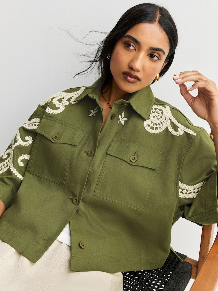 Weekend MaxMara Como Women's Relaxed Embroidered Shacket Khaki/Cream Size 8