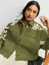 Weekend MaxMara Como Women's Relaxed Embroidered Shacket Khaki/Cream Size 8