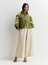 Weekend MaxMara Como Women's Relaxed Embroidered Shacket Khaki/Cream Size 8