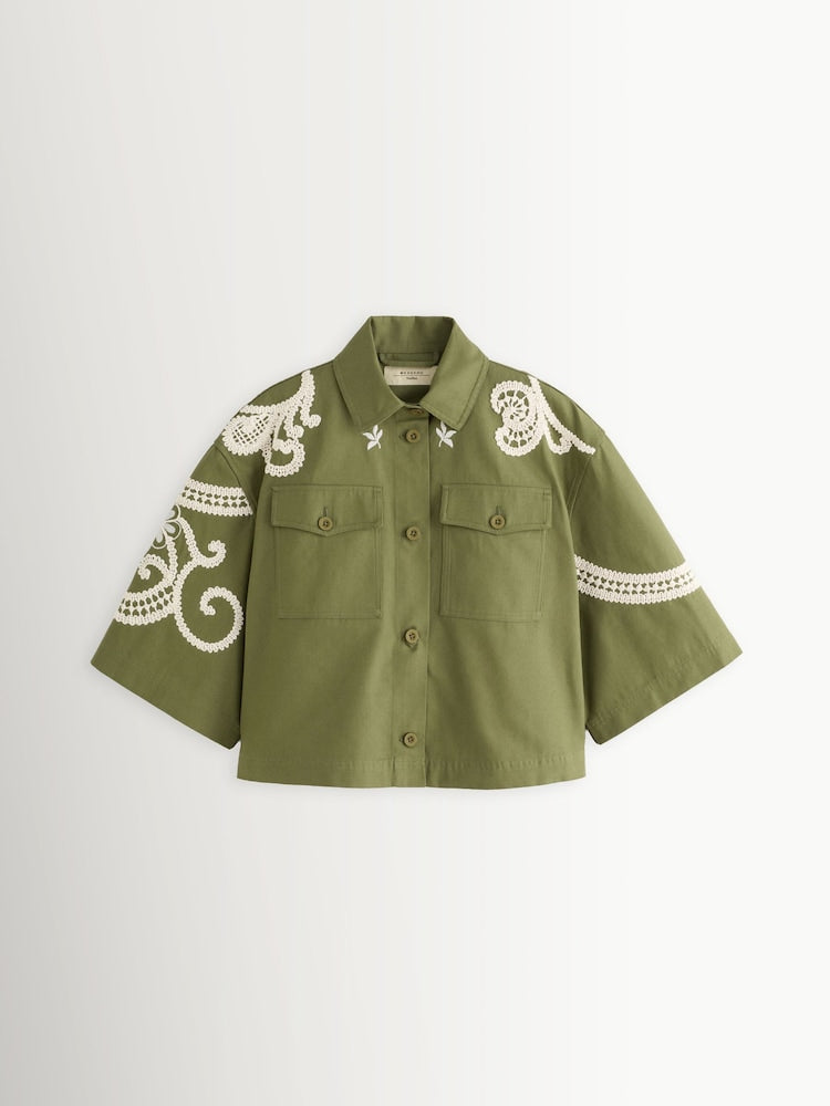 Weekend MaxMara Como Women's Relaxed Embroidered Shacket Khaki/Cream Size 8