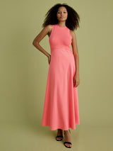 FLORERE Fit & Flare High Neck Sleeveless A-Line Midi Dress - Pink UK 14