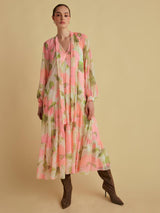 FLORERE Women's Tie V-Neck Midi Blouson Sleeve Dress - Multi/Pink - UK 14
