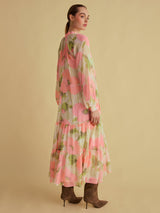 FLORERE Women's Tie V-Neck Midi Blouson Sleeve Dress - Multi/Pink - UK 14