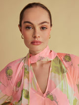 FLORERE Women's Tie V-Neck Midi Blouson Sleeve Dress - Multi/Pink - UK 14