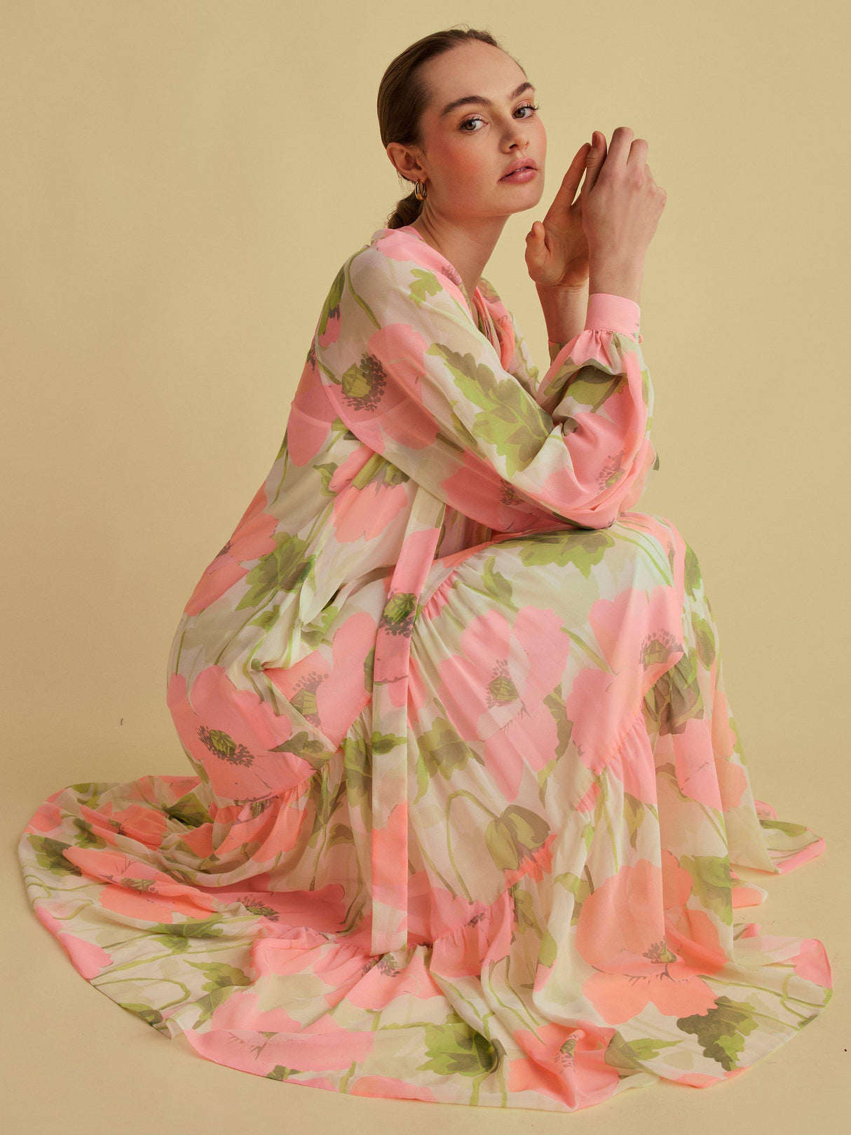 FLORERE Women's Tie V-Neck Midi Blouson Sleeve Dress - Multi/Pink - UK 14