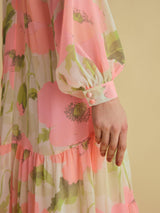 FLORERE Women's Tie V-Neck Midi Blouson Sleeve Dress - Multi/Pink - UK 14