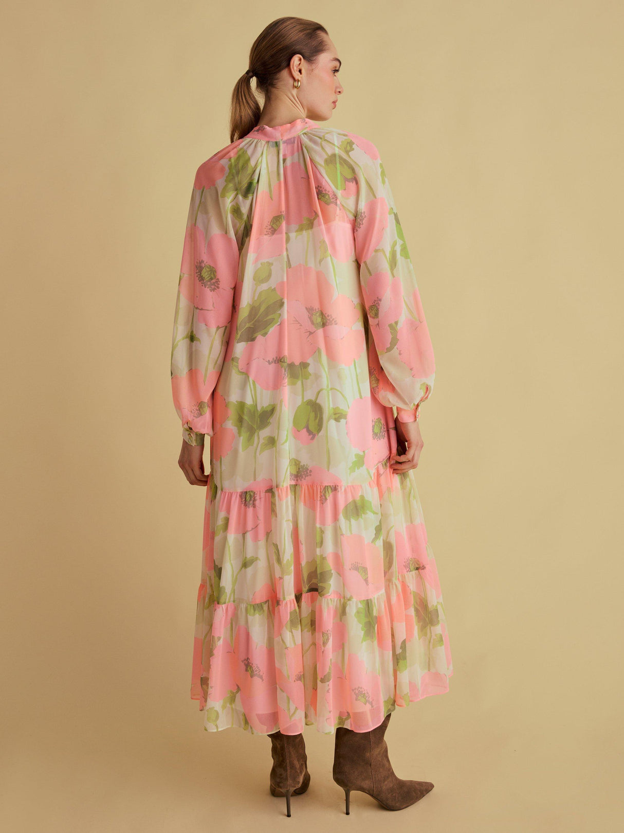 FLORERE Women's Tie V-Neck Midi Blouson Sleeve Dress - Multi/Pink - UK 14