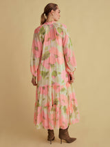 FLORERE Women's Tie V-Neck Midi Blouson Sleeve Dress - Multi/Pink - UK 14