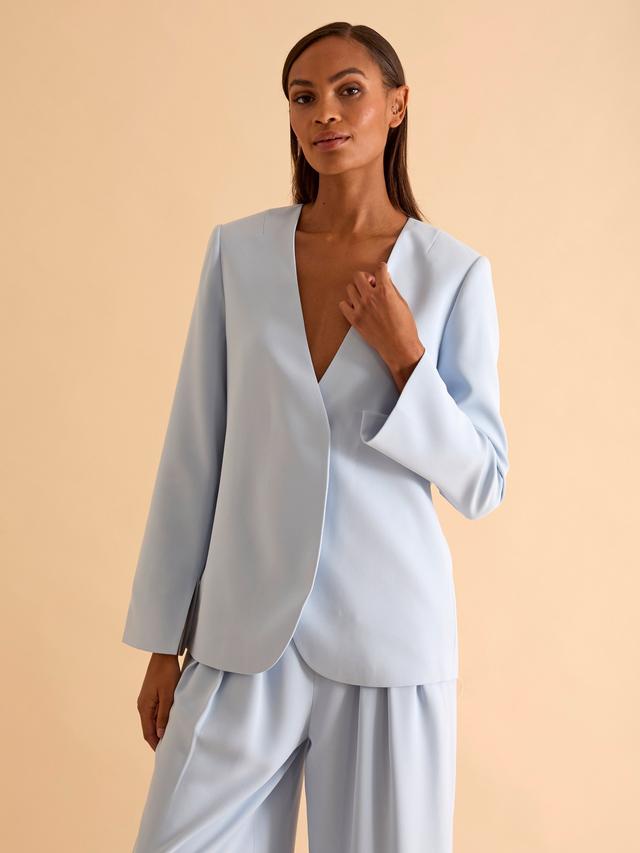 FLORERE Curved Front Single Breasted Collarless Blazer Light Blue - Size 16