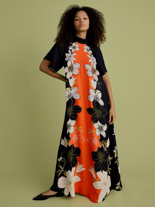 FLORERE High Neck Floral Short Sleeve Trapeze Maxi Dress - Multi Size 12