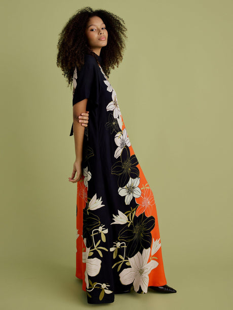 FLORERE High Neck Floral Short Sleeve Trapeze Maxi Dress - Multi Size 12