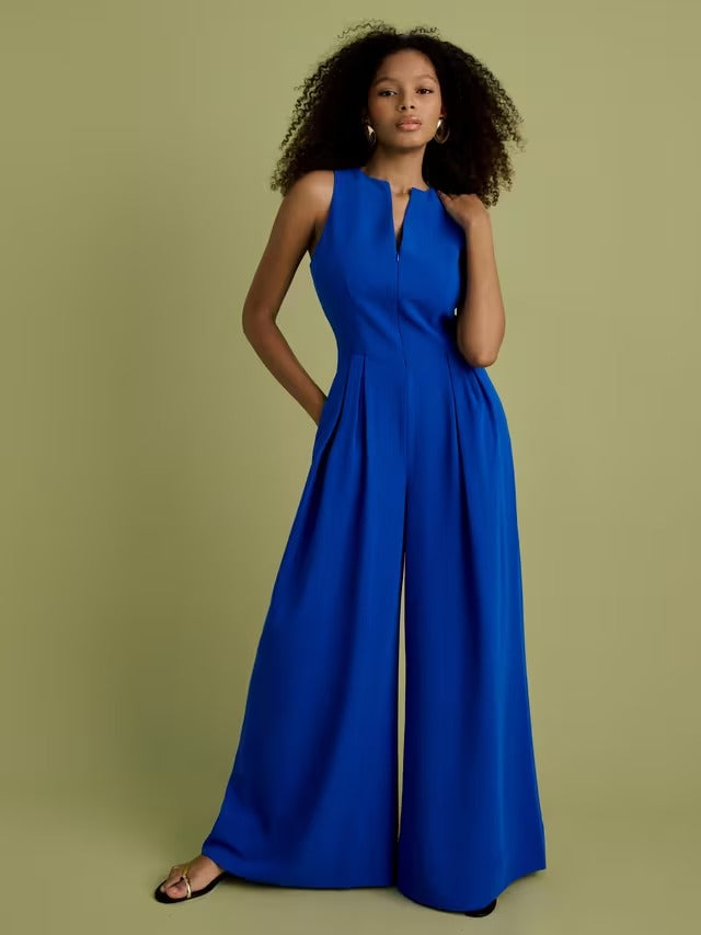 FLORERE Women's V-Neck Sleeveless Long Wide Leg Jumpsuit - Blue - UK 10