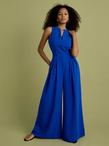 FLORERE Women's V-Neck Sleeveless Long Wide Leg Jumpsuit - Blue - UK 10