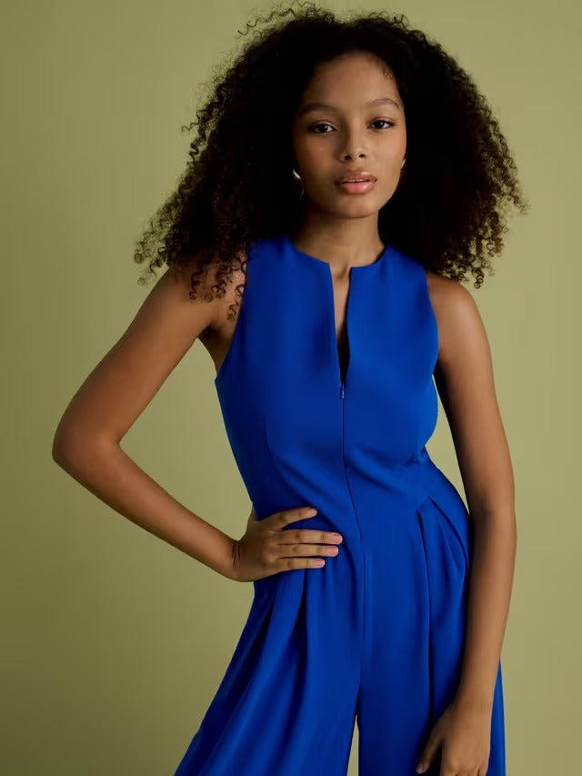 FLORERE Women's V-Neck Sleeveless Long Wide Leg Jumpsuit - Blue - UK 10