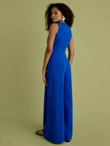 FLORERE Women's V-Neck Sleeveless Long Wide Leg Jumpsuit - Blue - UK 10