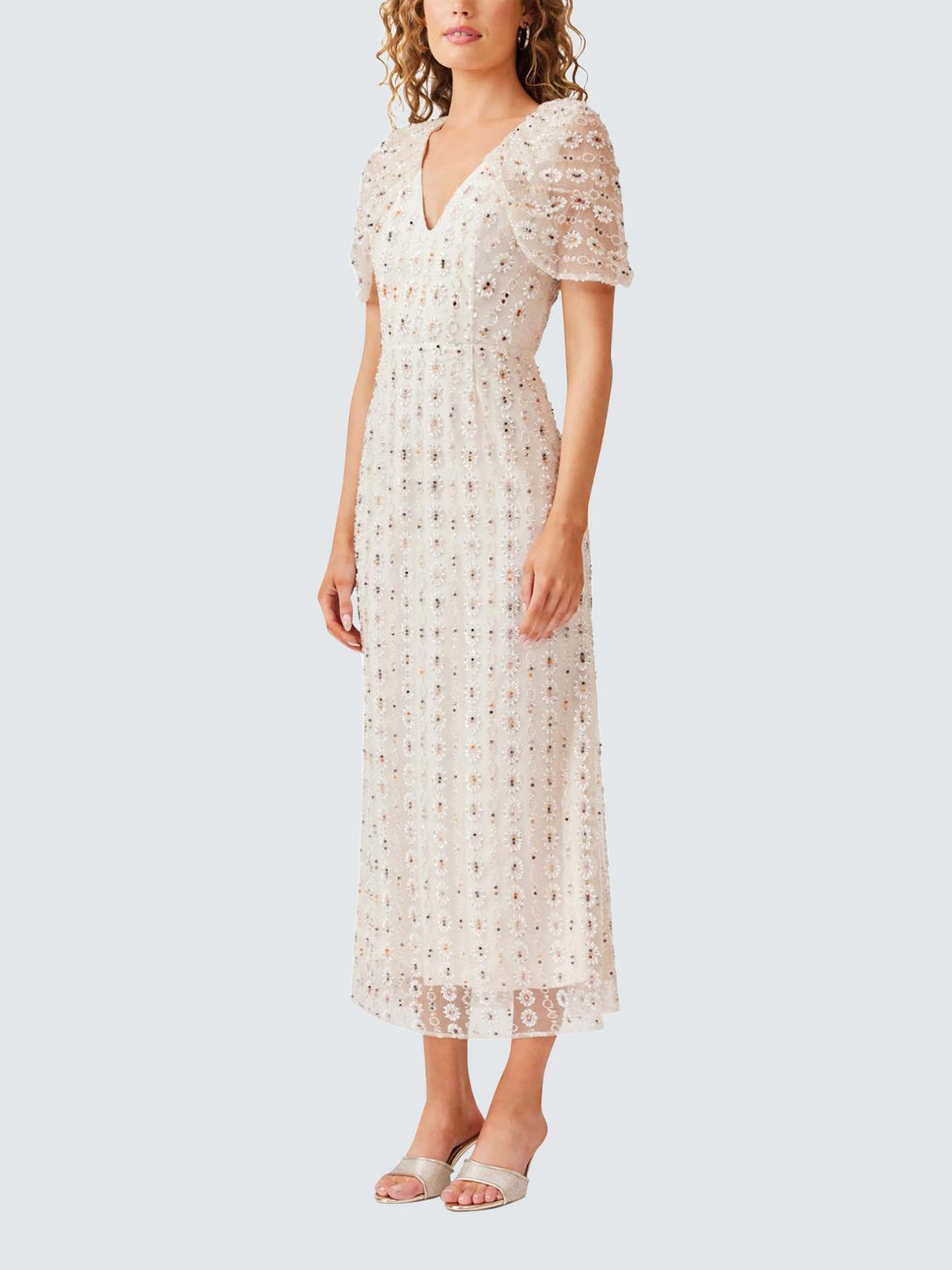 Elliatt Womens Kristina Beaded Mesh Short Sleeve Midi Dress - White - S