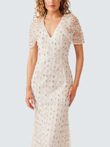 Elliatt Womens Kristina Beaded Mesh Short Sleeve Midi Dress - White - S