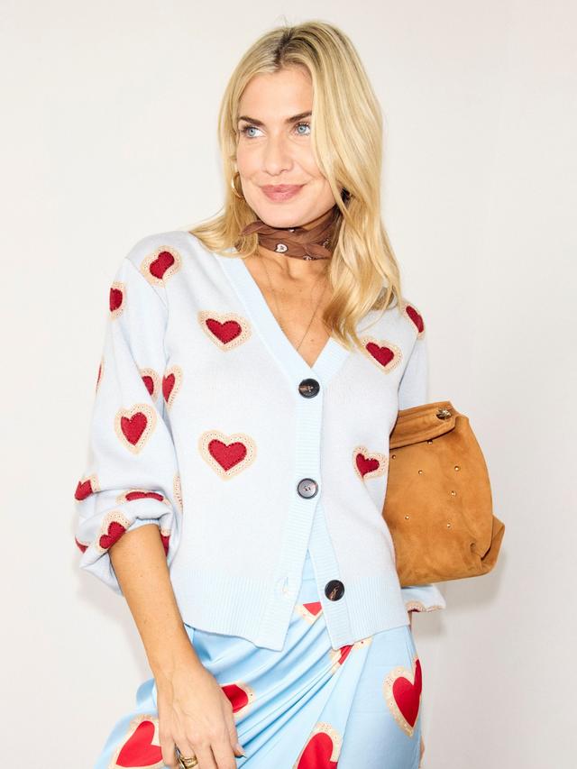 Never Fully Dressed Embroidered Heart Cardigan - Light Blue/Red - Size XL