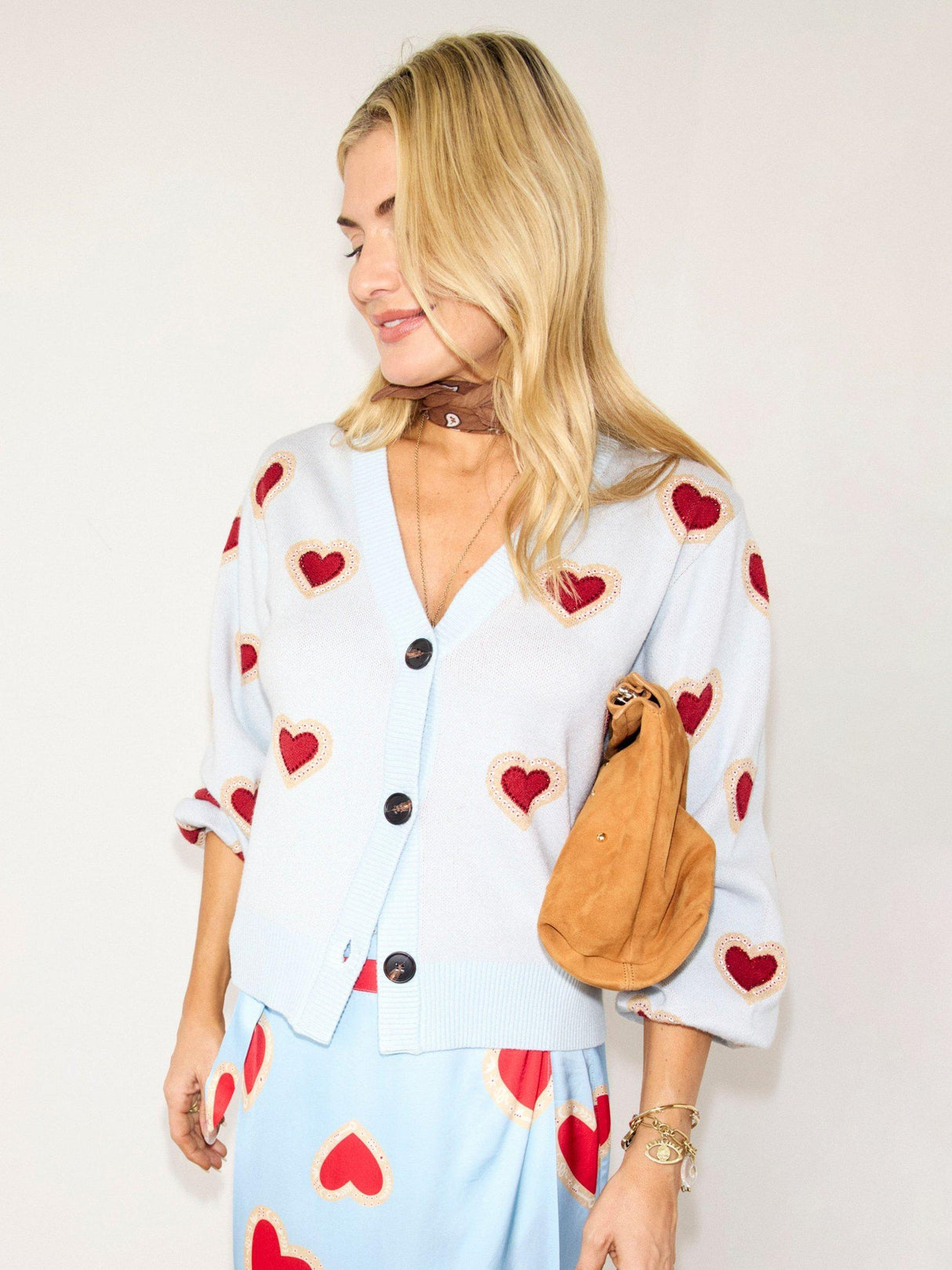 Never Fully Dressed Embroidered Heart Cardigan - Light Blue/Red - Size XL