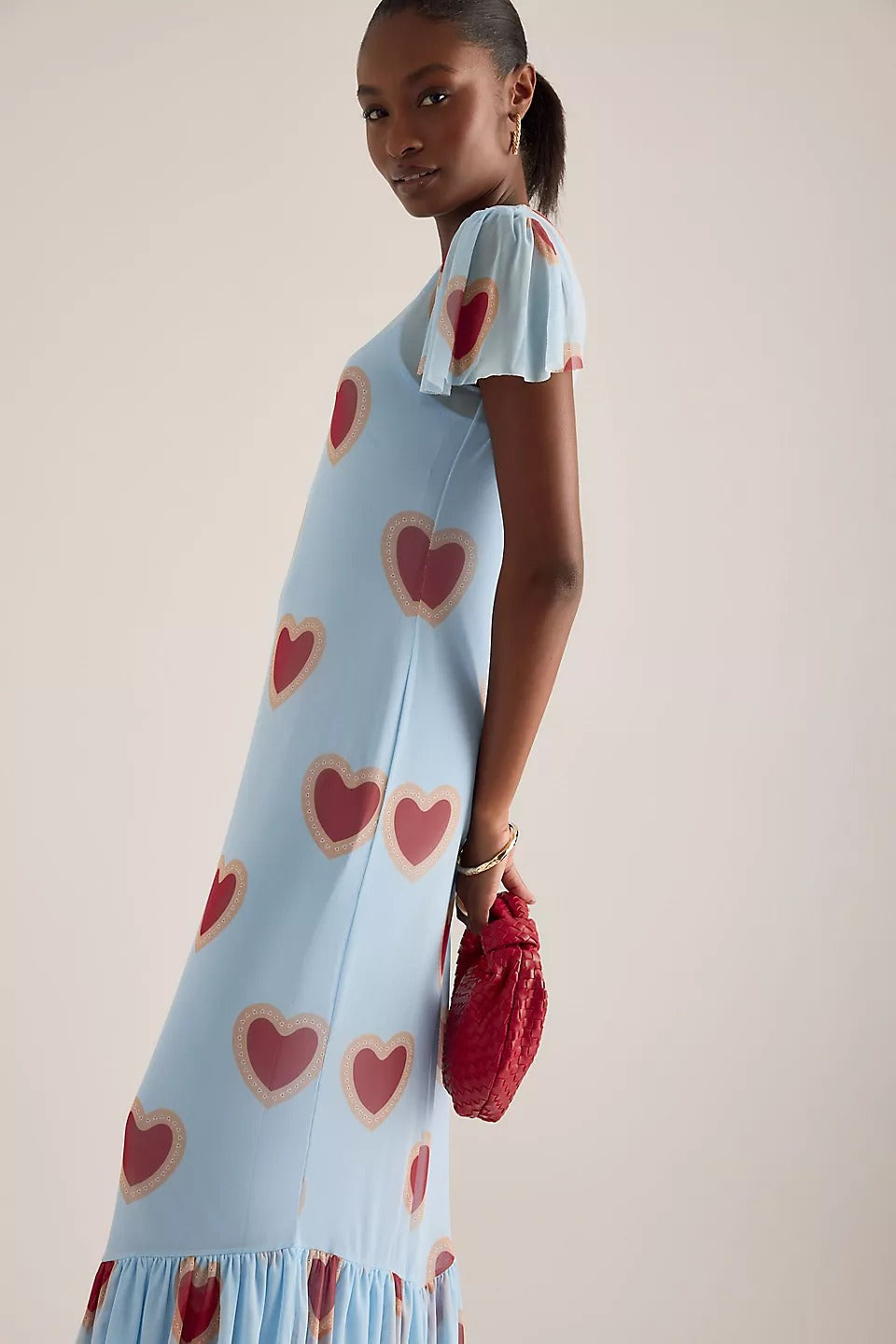 Never Fully Dressed Heart Katie Mesh Midi Dress - Light Blue/Red - Size 16