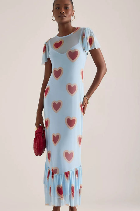 Never Fully Dressed Heart Katie Mesh Midi Dress - Light Blue/Red - Size 16