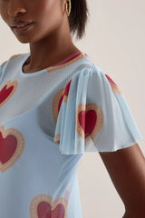 Never Fully Dressed Heart Katie Mesh Midi Dress - Light Blue/Red - Size 16