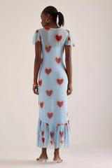 Never Fully Dressed Heart Katie Mesh Midi Dress - Light Blue/Red - Size 16