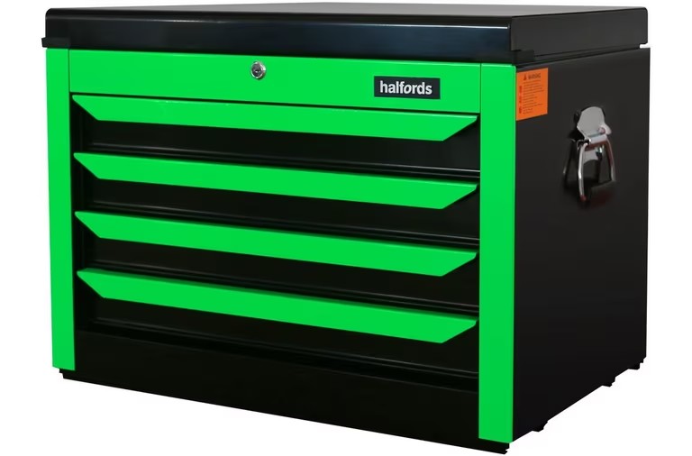 Halfords 27in 4-Drawer Lockable Rolling Tool Chest Cabinet - Neon Green